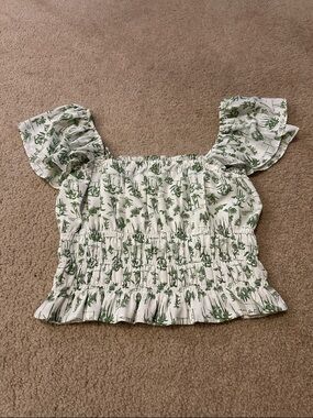 Abercrombie & Fitch White Smocked Crop Top with Green Tropical Print